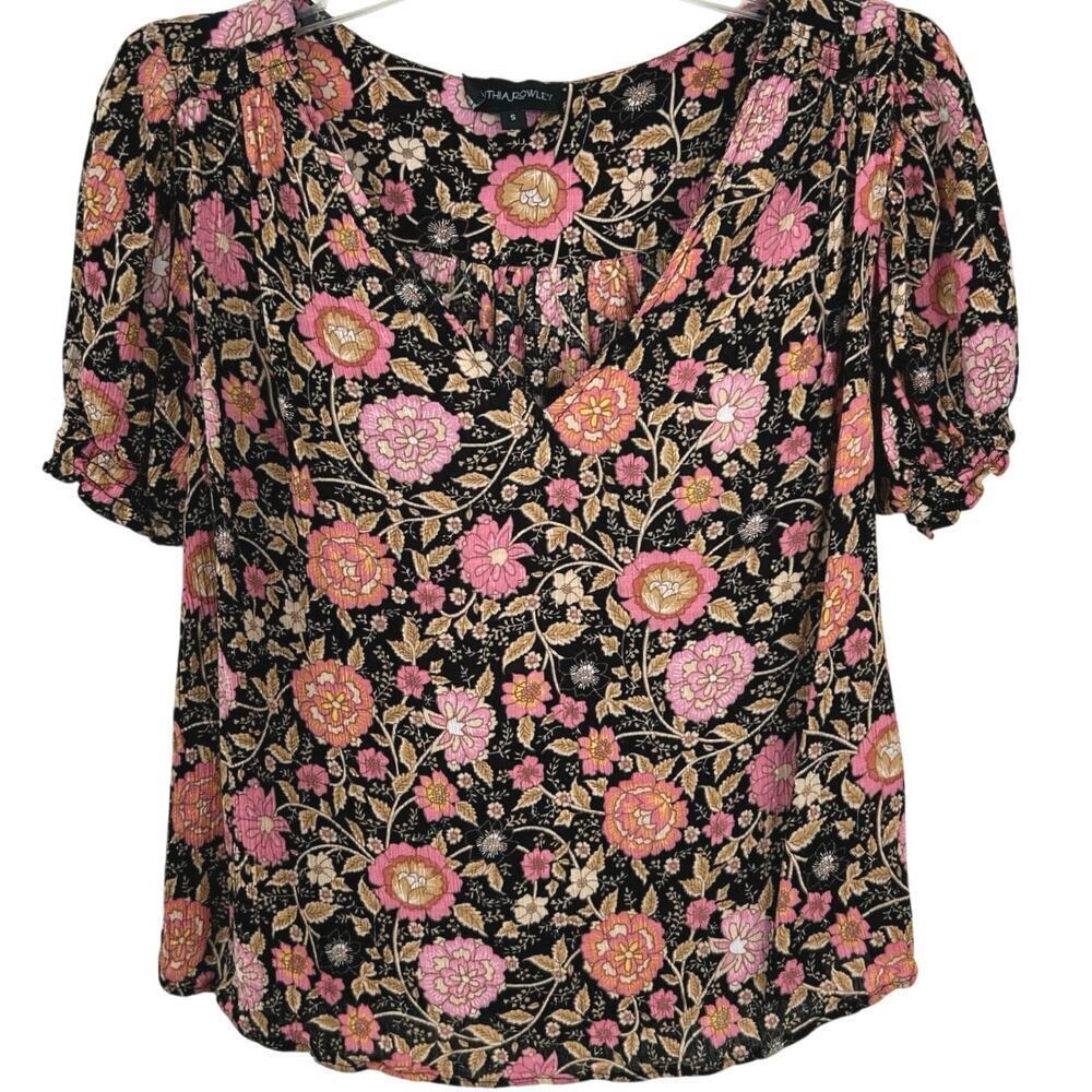 Cynthia Rowley Floral Boho Blouse Pink Black Puff Sleeve Romantic Top Small
